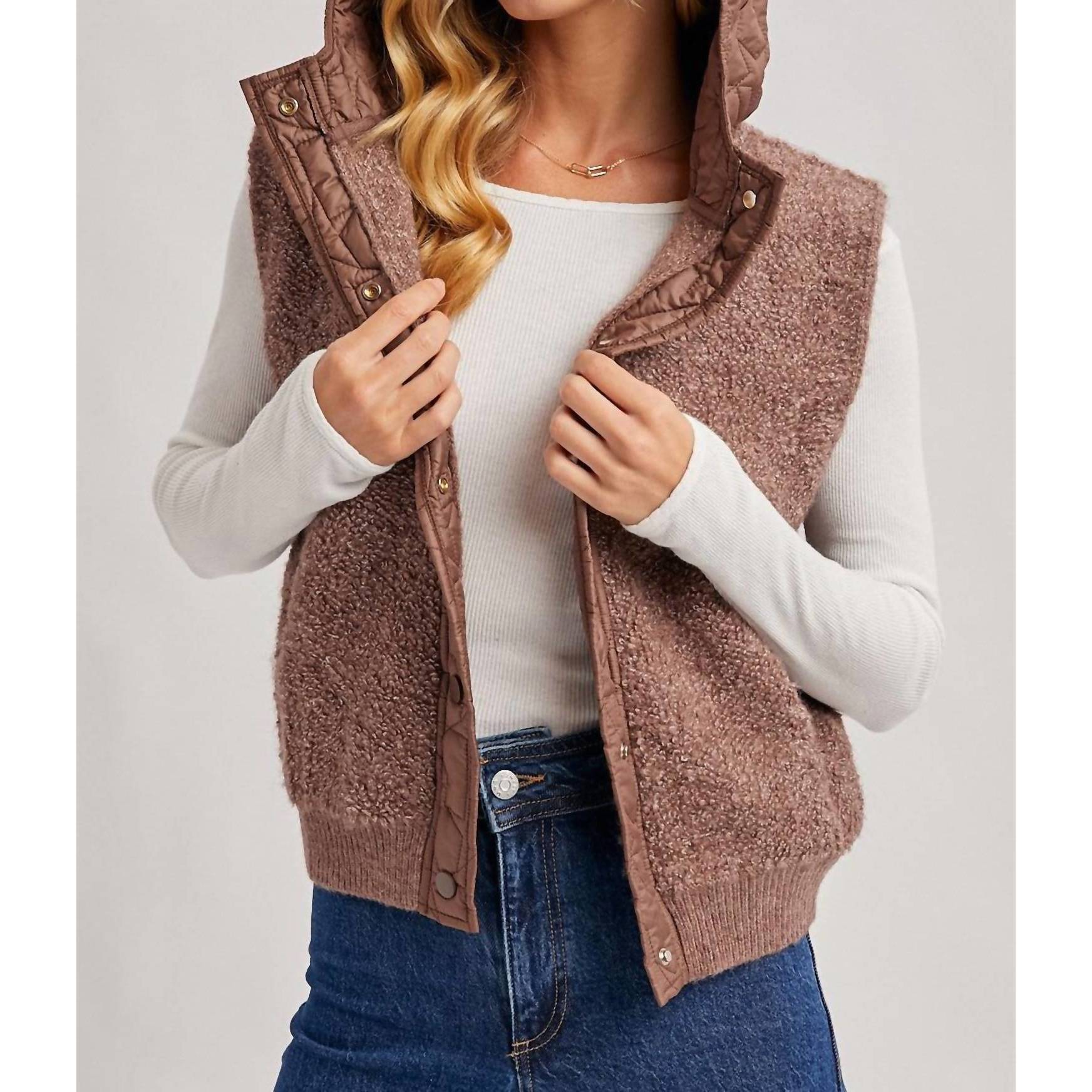 New Bluivy Button Down Sherpa Fleece Quilted Hood Vest In Brown